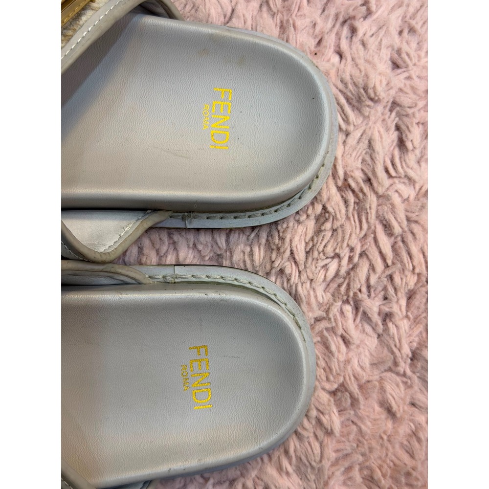 Fendi Feel FF Monogram Tapestry Slide Sandals Grey Beige Gold Buckle Size 39 - Picture 6 of 7